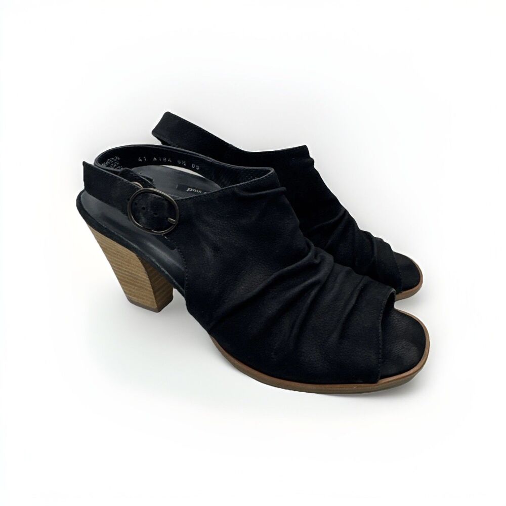 Paul Green Black Nubuck Leather Ruched Slingback Heels Peep Toe Size 10